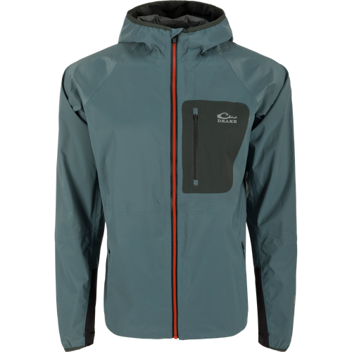 Ultra-Lite Backwaters Waterproof Stretch Jacket featuring a zipper and hood, designed for outdoor enthusiasts with waterproof, breathable fabric and reflective details.