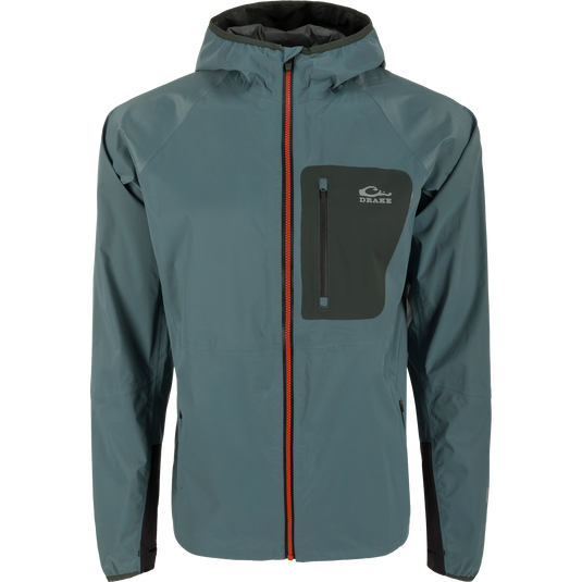 Ultra-Lite Backwaters Waterproof Stretch Jacket featuring a zipper and hood, designed for outdoor enthusiasts with waterproof, breathable fabric and reflective details.