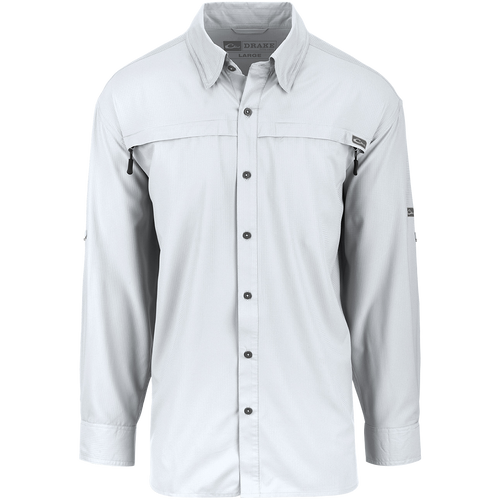 A lightweight, stretchy textured fabric shirt with a collar and buttons. Made from 100% polyester dobby fabric, it offers UPF 30 sun protection and moisture-wicking technology. Perfect for both outdoor activities and casual occasions.