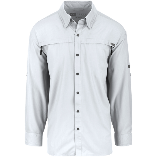 A lightweight, stretchy textured fabric shirt with a collar and buttons. Made from 100% polyester dobby fabric, it offers UPF 30 sun protection and moisture-wicking technology. Perfect for both outdoor activities and casual occasions.