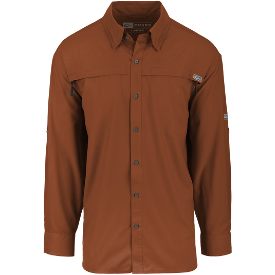 Town Lake L/S Shirt: A lightweight, stretchy textured shirt with a button-up front and shirt collar. Made from 100% polyester dobby fabric, it offers UPF 30 sun protection and moisture-wicking technology. Perfect for field or dinner wear.