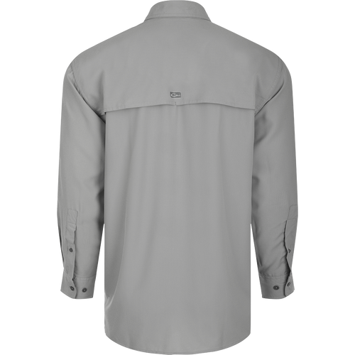 A lightweight, stretchy textured fabric shirt with a back view. Made from 100% polyester dobby fabric, it's breathable and moisture-wicking. Perfect for both field and dinner wear.