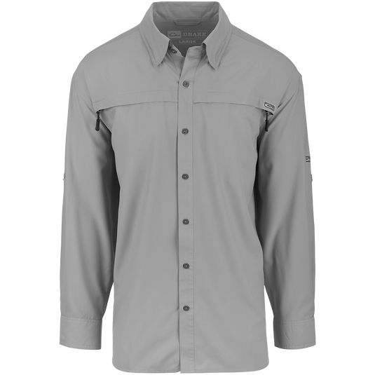 A lightweight, stretchy textured fabric shirt with long sleeves. Made from 100% polyester dobby fabric, it's breathable and moisture-wicking. Perfect for both field and dinner outings. Features UPF 30 sun protection, vented cape back, mechanical stretch fabric, and 2 horizontal zipper pockets. Look sharp in the Town Lake L/S Shirt from Purewhitelaneshop.