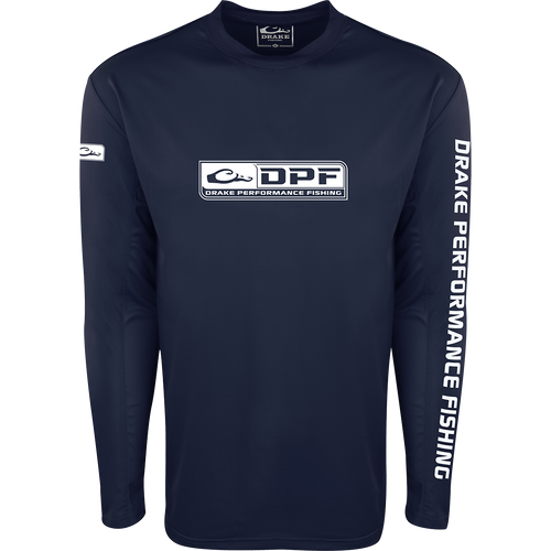 Shield 4 Arched Mesh Back Crew L/S, long-sleeved shirt with a logo, features breathable mesh and snug-fit forearms for optimal comfort and protection during fishing trips.
