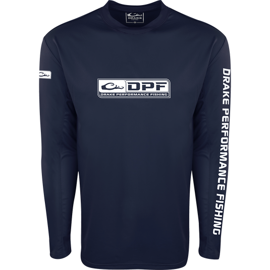 Shield 4 Arched Mesh Back Crew L/S, long-sleeved shirt with a logo, features breathable mesh and snug-fit forearms for optimal comfort and protection during fishing trips.