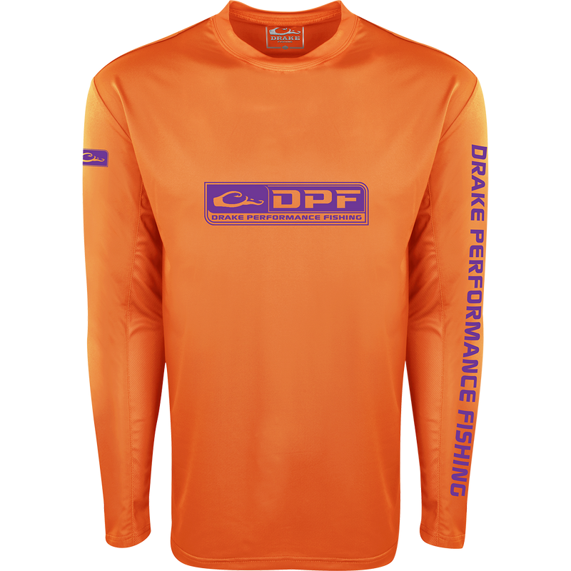 Shield 4 Arched Mesh Back Crew L/S, long-sleeved shirt with breathable mesh, designed for sun protection and mobility, featuring a purple and orange logo.