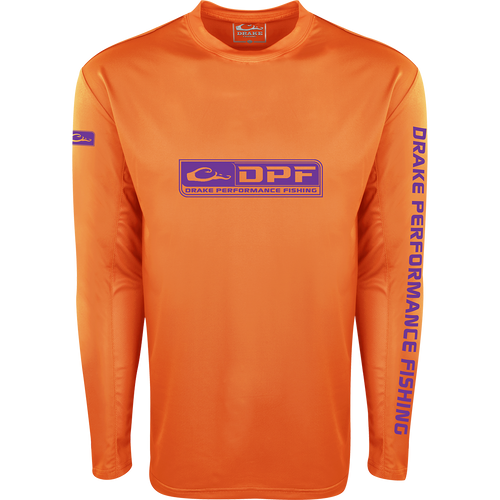 Shield 4 Arched Mesh Back Crew L/S, long-sleeved shirt with breathable mesh, designed for sun protection and mobility, featuring a purple and orange logo.