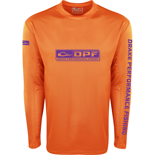 Shield 4 Arched Mesh Back Crew L/S, long-sleeved shirt with breathable mesh, designed for sun protection and mobility, featuring a purple and orange logo.