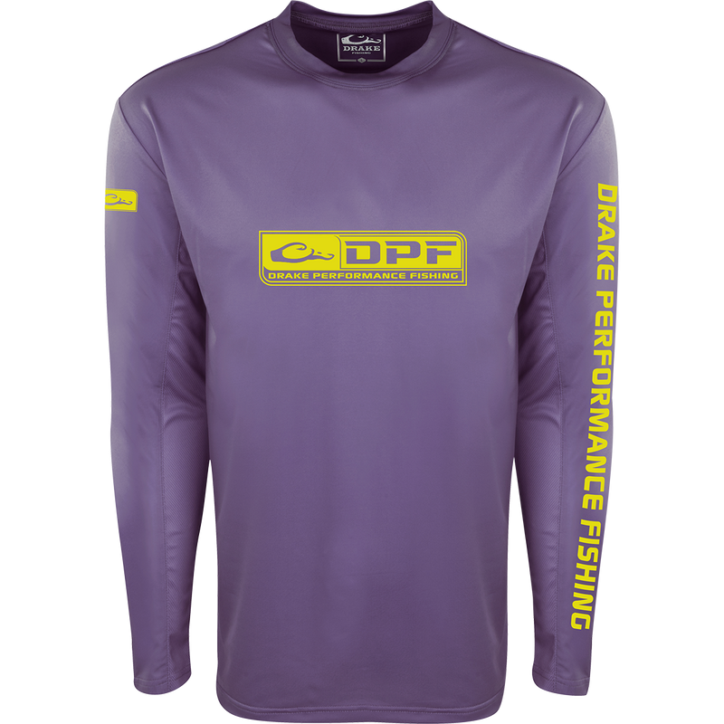 A purple Purewhitelaneshop Shield 4 Arched Mesh Back Crew L/S: A purple long-sleeved active shirt with yellow logo, designed for all-day water trips. Features Shield 4™ technology for sun protection and odor control.