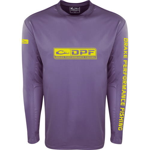 A purple Purewhitelaneshop Shield 4 Arched Mesh Back Crew L/S: A purple long-sleeved active shirt with yellow logo, designed for all-day water trips. Features Shield 4™ technology for sun protection and odor control.