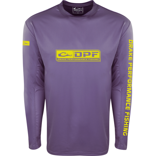 A purple Purewhitelaneshop Shield 4 Arched Mesh Back Crew L/S: A purple long-sleeved active shirt with yellow logo, designed for all-day water trips. Features Shield 4™ technology for sun protection and odor control.