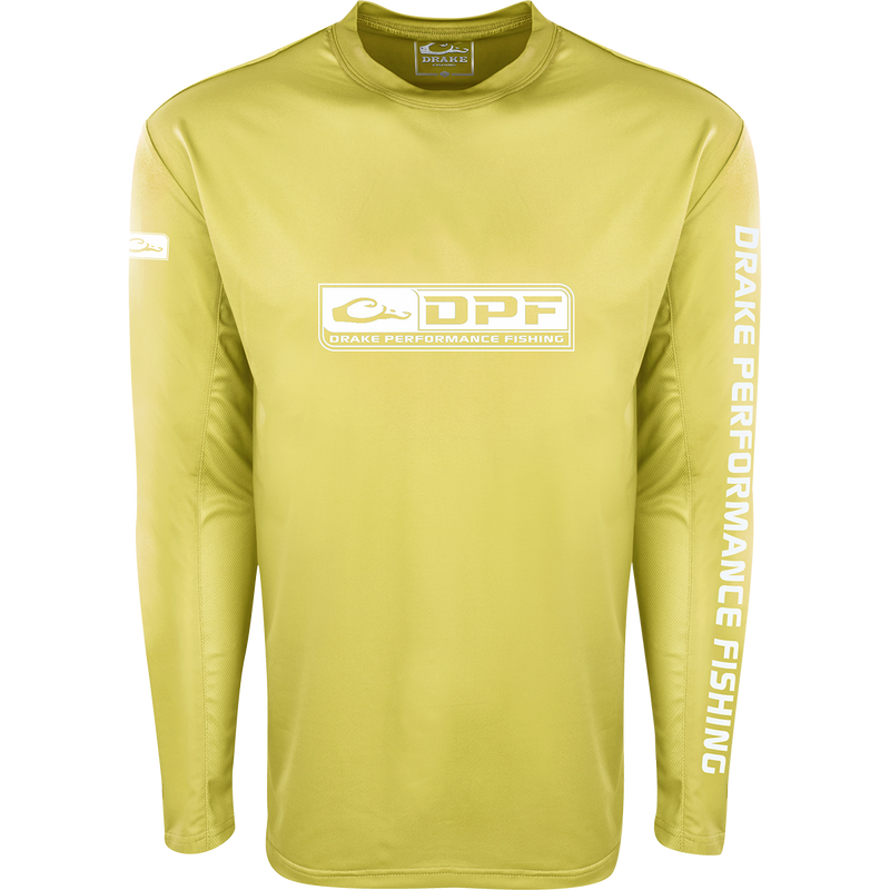 A yellow high-performance Shield 4 Arched Mesh Back Crew L/S shirt from Purewhitelaneshop, designed for all-day water trips. Features include UPF 50+ sun protection and odor control technology. 