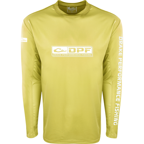 A yellow high-performance Shield 4 Arched Mesh Back Crew L/S shirt from Purewhitelaneshop, designed for all-day water trips. Features include UPF 50+ sun protection and odor control technology. 