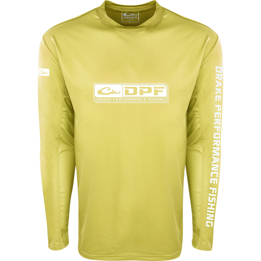 A yellow high-performance Shield 4 Arched Mesh Back Crew L/S shirt from Purewhitelaneshop, designed for all-day water trips. Features include UPF 50+ sun protection and odor control technology. 