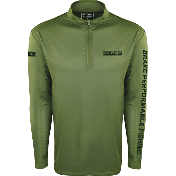 A dark green high-performance Shield 4 Arched Mesh Back 1/4 Zip L/S for all-day water trips. Features include breathable mesh, Shield 4 technology, and four-way stretch fabric for optimal protection and mobility.