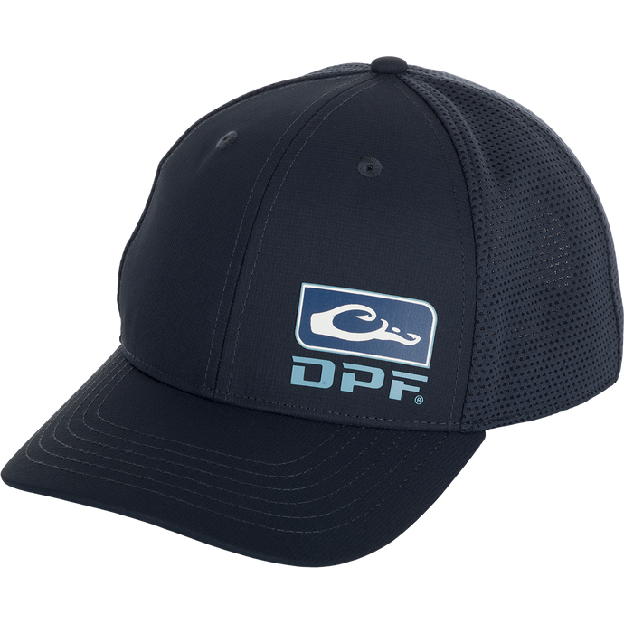 DPF Badge Logo Performance Cap, a structured low-profile crown hat with a pre-curved visor and adjustable snapback closure. Made of 100% polyester ripstop and performance mesh. Perfect for outdoor activities. From Purewhitelaneshop store.
