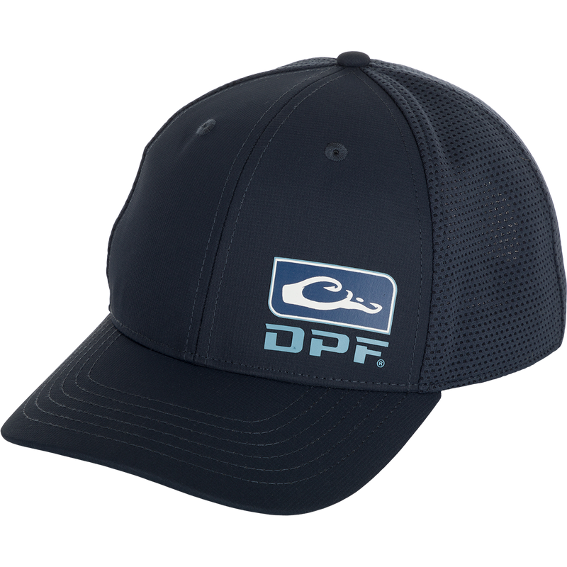 DPF Badge Logo Performance Cap, a structured low-profile crown hat with a pre-curved visor and adjustable snapback closure. Made of 100% polyester ripstop and performance mesh. Perfect for outdoor activities. From Purewhitelaneshop store.