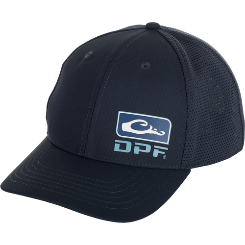 DPF Badge Logo Performance Cap, a structured low-profile crown hat with a pre-curved visor and adjustable snapback closure. Made of 100% polyester ripstop and performance mesh. Perfect for outdoor activities. From Purewhitelaneshop store.