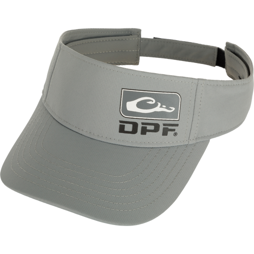 A grey visor with a logo, perfect for sun protection and a comfortable fit. From the DPF Badge Logo Performance Visor in the Purewhitelaneshop store.
