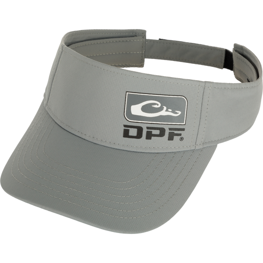 A grey visor with a logo, perfect for sun protection and a comfortable fit. From the DPF Badge Logo Performance Visor in the Purewhitelaneshop store.