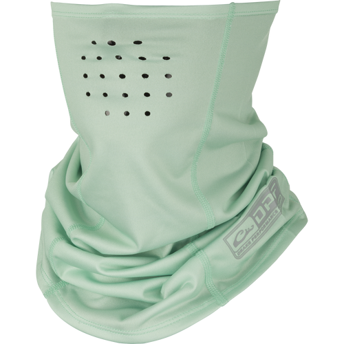 A close-up of the DPF Shield 4 Performance Neck Gaiter, a fabric face mask with breathing holes, UPF 50+ sun protection, and antimicrobial treatment.