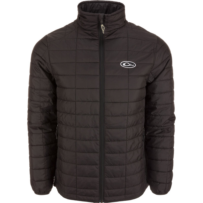 Lightweight Packable Jacket with water-resistant polyester shell, baffled insulation, zippered pockets, elastic cuffs, and drawcord waist, ideal for early Autumn and versatile layering.