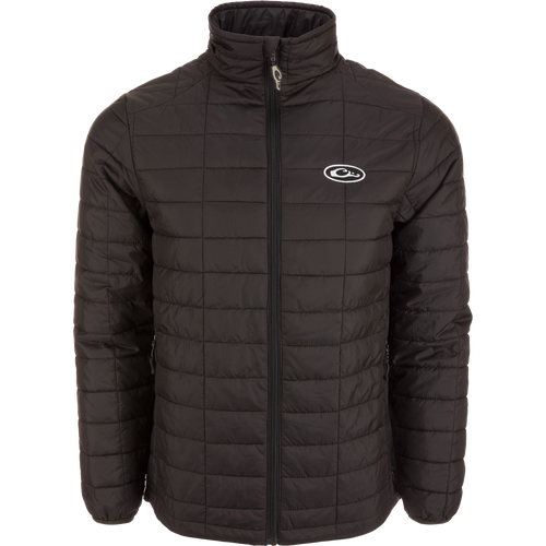 Lightweight Packable Jacket with water-resistant polyester shell, baffled insulation, zippered pockets, elastic cuffs, and drawcord waist, ideal for early Autumn and versatile layering.
