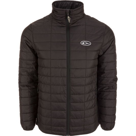 Lightweight Packable Jacket with water-resistant polyester shell, baffled insulation, zippered pockets, elastic cuffs, and drawcord waist, ideal for early Autumn and versatile layering.