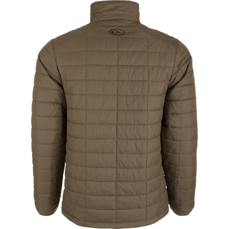 Lightweight Packable Jacket with water-resistant polyester shell, baffled insulation, zippered pockets, elastic cuffs, and packable feature, ideal for early Autumn outdoor activities.