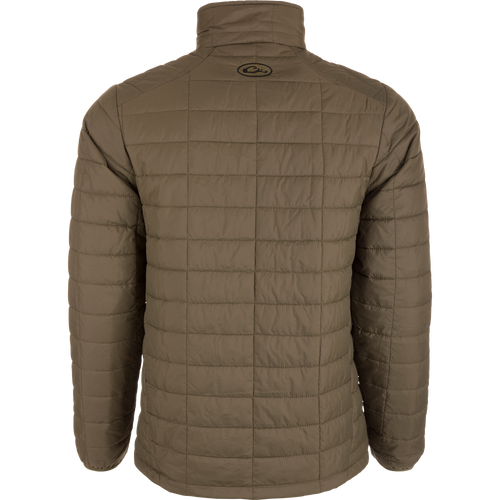 Lightweight Packable Jacket with water-resistant polyester shell, baffled insulation, zippered pockets, elastic cuffs, and packable feature, ideal for early Autumn outdoor activities.
