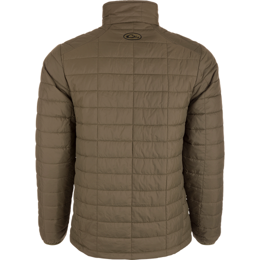 Lightweight Packable Jacket with water-resistant polyester shell, baffled insulation, zippered pockets, elastic cuffs, and packable feature, ideal for early Autumn outdoor activities.