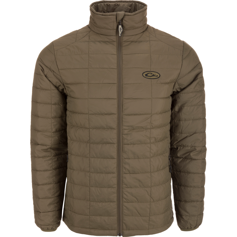 Lightweight Packable Jacket with water-resistant polyester shell and baffled insulation, featuring zippered pockets and elastic cuffs, ideal for hunting and cold-weather layering.