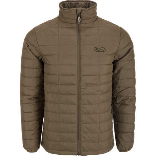 Lightweight Packable Jacket with water-resistant polyester shell and baffled insulation, featuring zippered pockets and elastic cuffs, ideal for hunting and cold-weather layering.