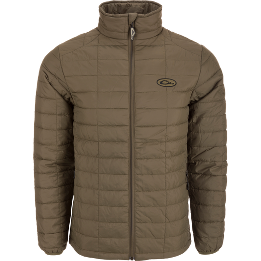 Lightweight Packable Jacket with water-resistant polyester shell and baffled insulation, featuring zippered pockets and elastic cuffs, ideal for hunting and cold-weather layering.