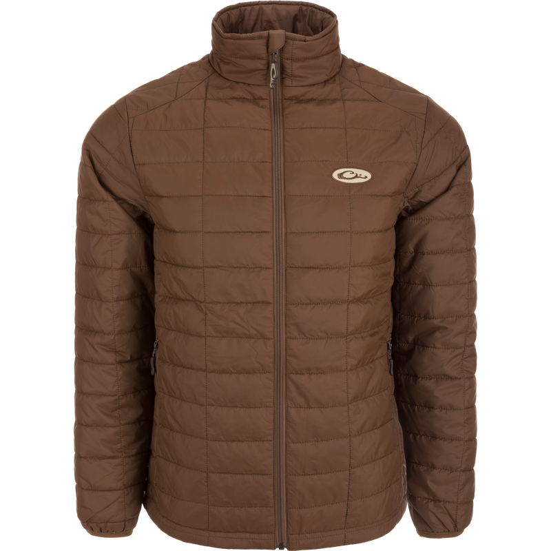 Lightweight Packable Jacket with water-resistant polyester shell, baffled insulation, zippered pockets, and elastic cuffs, ideal for early Autumn and versatile layering.