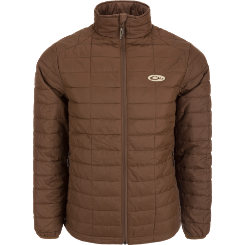 Lightweight Packable Jacket with water-resistant polyester shell, baffled insulation, zippered pockets, and elastic cuffs, ideal for early Autumn and versatile layering.
