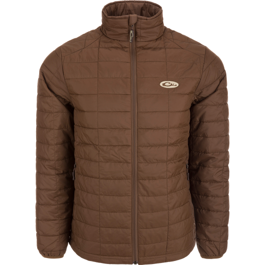 Lightweight Packable Jacket with water-resistant polyester shell, baffled insulation, zippered pockets, and elastic cuffs, ideal for early Autumn and versatile layering.