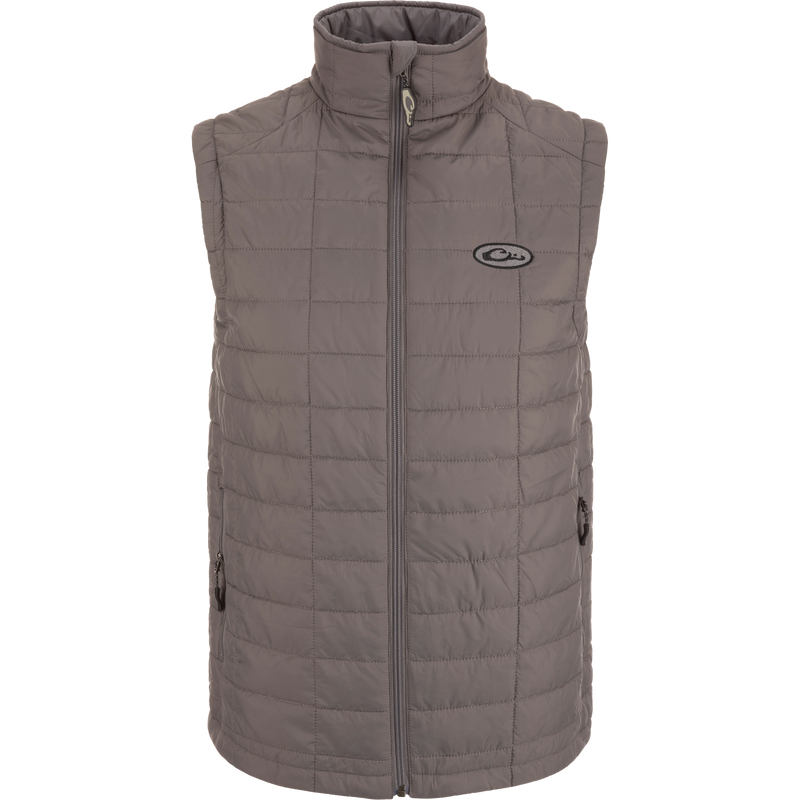 Lightweight Packable Vest with water-resistant polyester shell and baffled insulation, featuring zippered pockets, elastic cuffs, and packable design for versatile outdoor use.