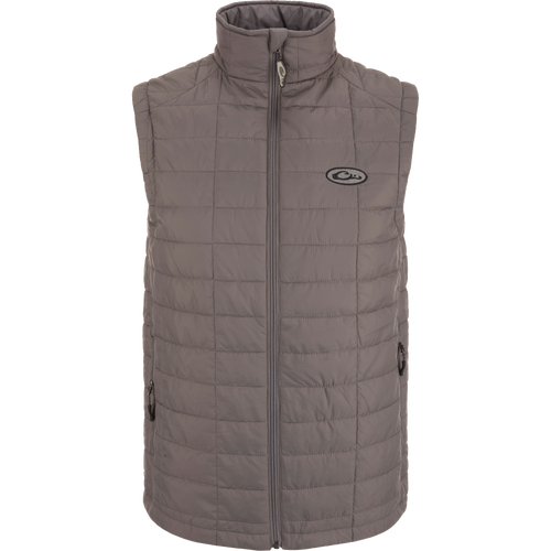 Lightweight Packable Vest with water-resistant polyester shell and baffled insulation, featuring zippered pockets, elastic cuffs, and packable design for versatile outdoor use.