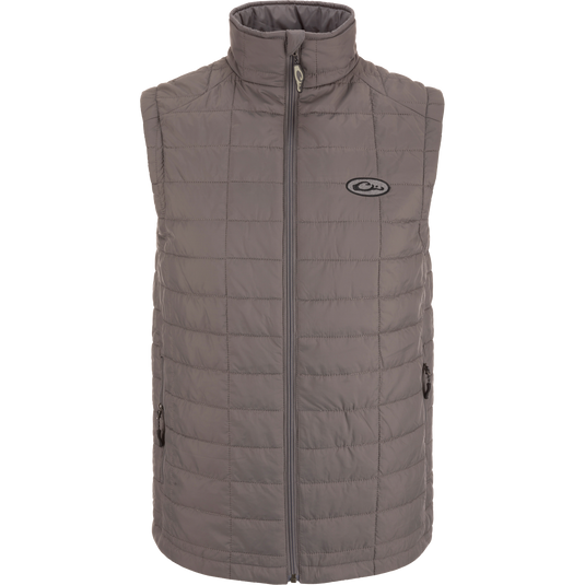 Lightweight Packable Vest with water-resistant polyester shell and baffled insulation, featuring zippered pockets, elastic cuffs, and packable design for versatile outdoor use.