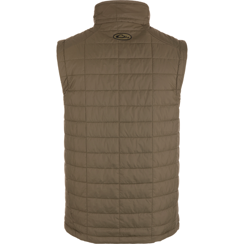 Lightweight Packable Vest featuring water-resistant polyester shell, low loft insulation, internal zippered pocket, and elastic cuffs; ideal for early Autumn or cold weather layering.