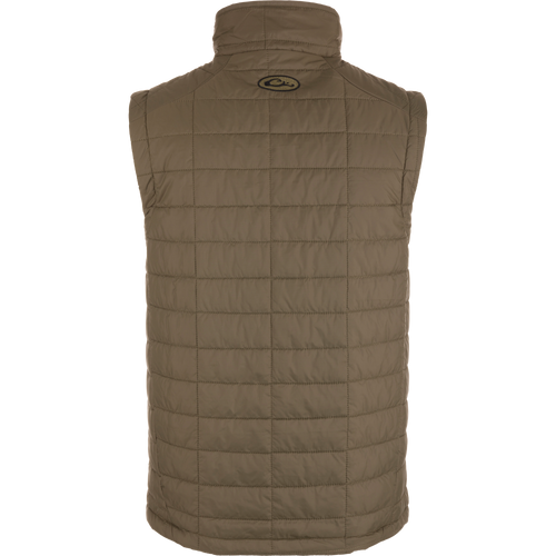 Lightweight Packable Vest featuring water-resistant polyester shell, low loft insulation, internal zippered pocket, and elastic cuffs; ideal for early Autumn or cold weather layering.