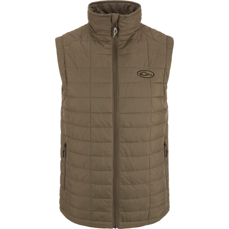 Lightweight Packable Vest showcasing a sleek, insulated design with water-resistant polyester shell, zippered pockets, and elastic cuffs, ideal for layering in hunting and outdoor activities.