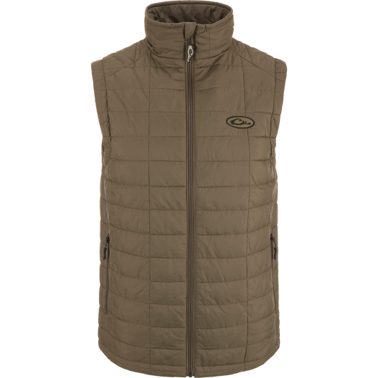 Lightweight Packable Vest showcasing a sleek, insulated design with water-resistant polyester shell, zippered pockets, and elastic cuffs, ideal for layering in hunting and outdoor activities.
