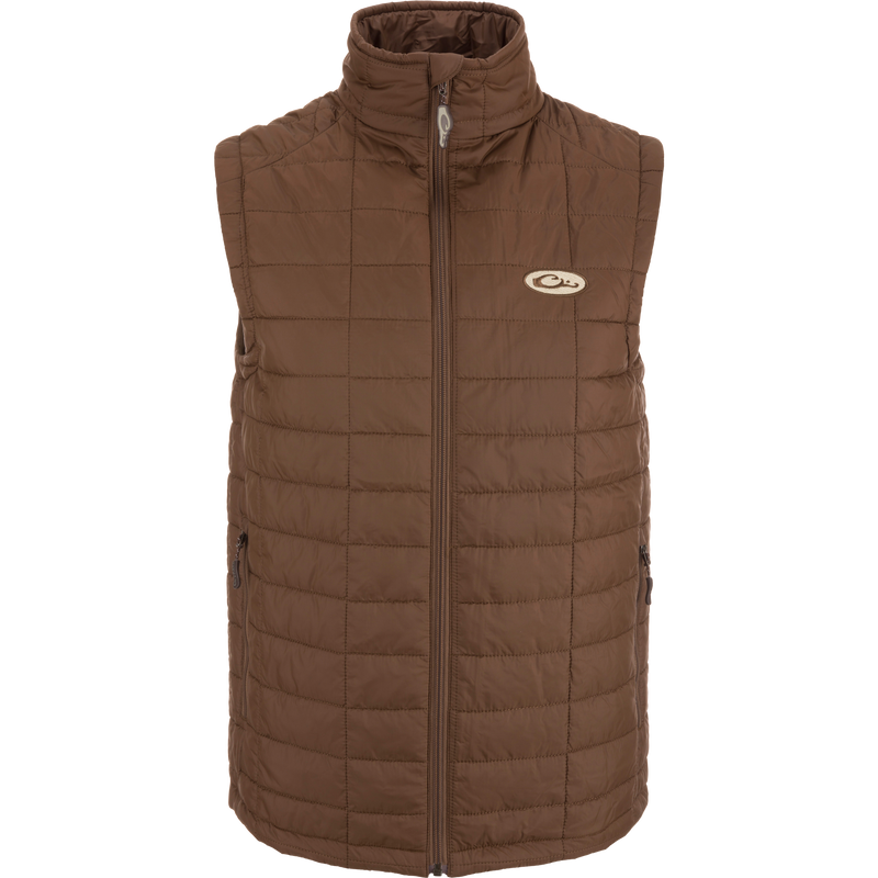 The Lightweight Packable Vest, featuring a sleek design with baffled insulation and water-resistant polyester shell, ideal for versatile outdoor and hunting use.