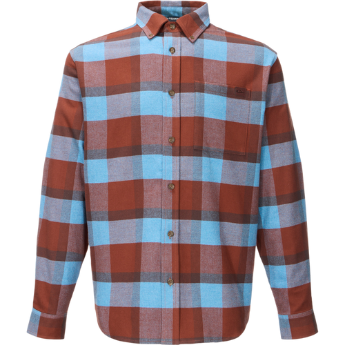 Autumn Flannel Shirt with plaid pattern, button-down collar, chest pocket, and wood-tone buttons, designed for outdoor versatility with mechanical stretch and a sculpted hem.