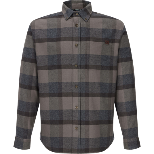 Autumn Flannel Shirt: Long-sleeve plaid shirt with button-down collar, chest pocket, and sculpted hem, ideal for versatile outdoor wear.