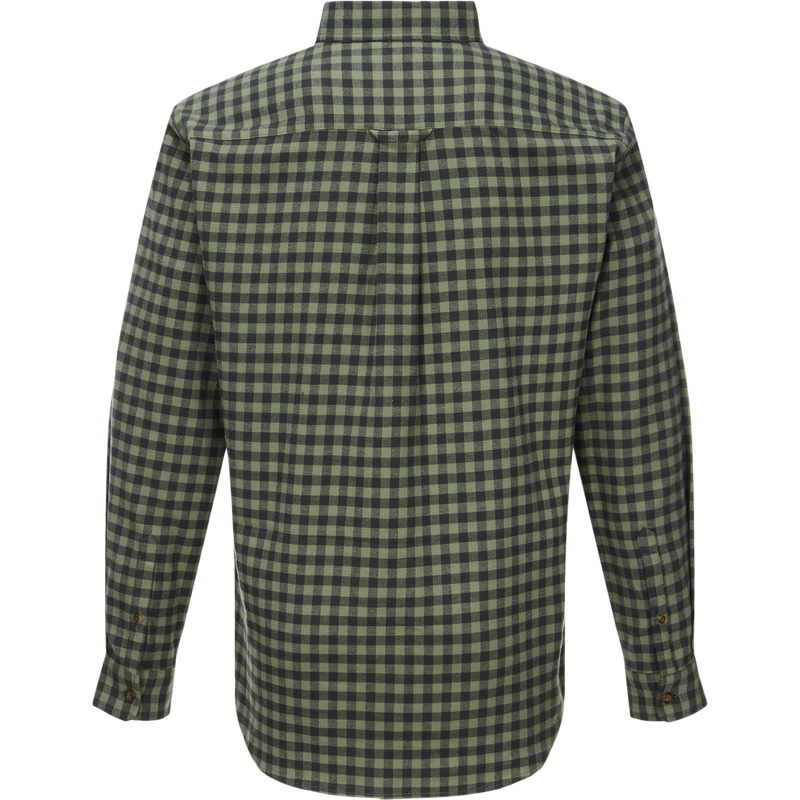 Back view of the Autumn Flannel Shirt, showcasing a green-black checkered pattern, straight yoke, box pleat, classic collar, and buttoned cuffs for versatile outdoor wear.