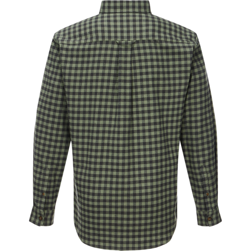 Back view of the Autumn Flannel Shirt, showcasing a green-black checkered pattern, straight yoke, box pleat, classic collar, and buttoned cuffs for versatile outdoor wear.