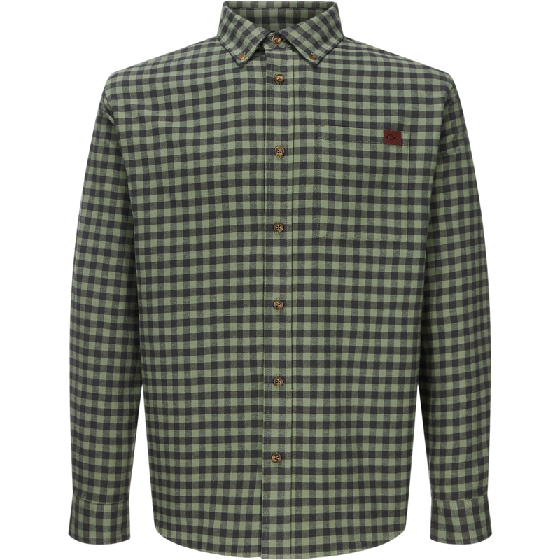 Autumn Flannel Shirt featuring a green and black check pattern, button-down collar, chest pocket, and sculpted hem, ideal for outdoor activities.